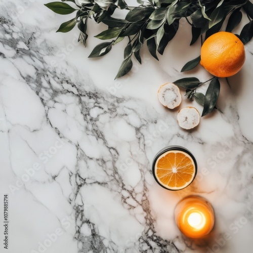 Fresh citrus and herbal arrangement kitchen counter food photography indoor top-down view organic lifestyle