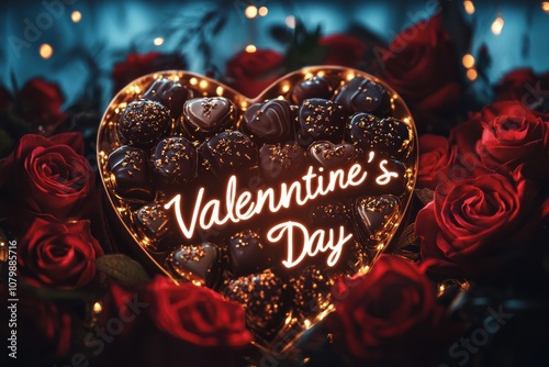 A heart-shaped box of chocolates surrounded by red roses, with the text "Valentine's Day"