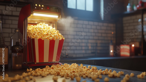 Freshly popped popcorn spills from vibrant popcorn machine, creating delightful scene in cozy kitchen. warm lighting enhances inviting atmosphere, perfect for movie nights photo