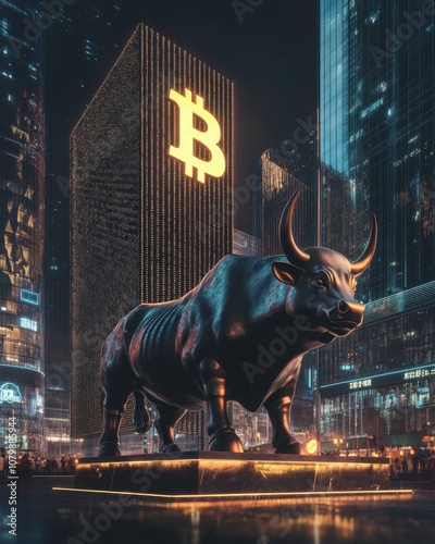 Bullish bitcoin market surge financial district 3d art urban landscape low angle cryptocurrency growth