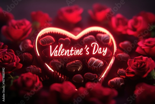 A heart-shaped box of chocolates surrounded by red roses, with the text "Valentine's Day"