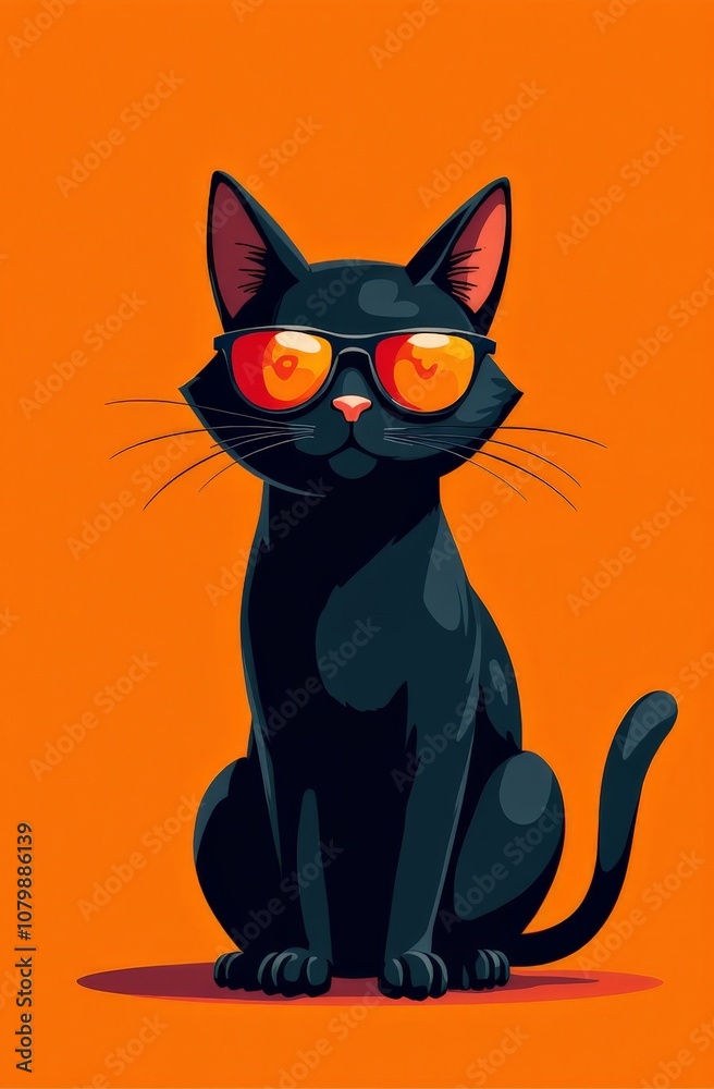 Illustration of a black cat with sunglasses on orange background Illustration of a black cat with sunglasses on orange background