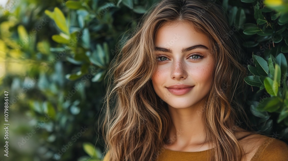 Portrait of a beautiful young woman with long, flowing hair smiling at the camera. Portrait of a beautiful young woman with long, flowing hair smiling at the camera.