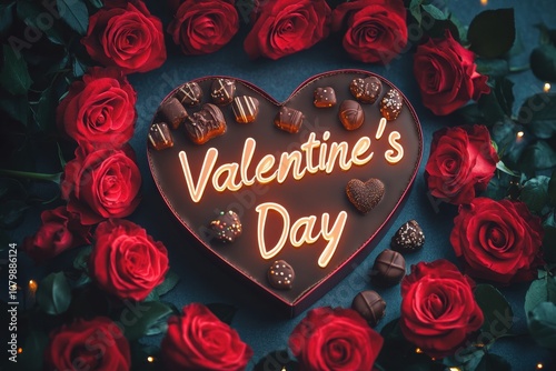 A heart-shaped box of chocolates surrounded by red roses, with the text "Valentine's Day"