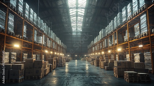 Warehouse Storage: Rows of Pallets with Cardboard Boxes Under Bright Lights