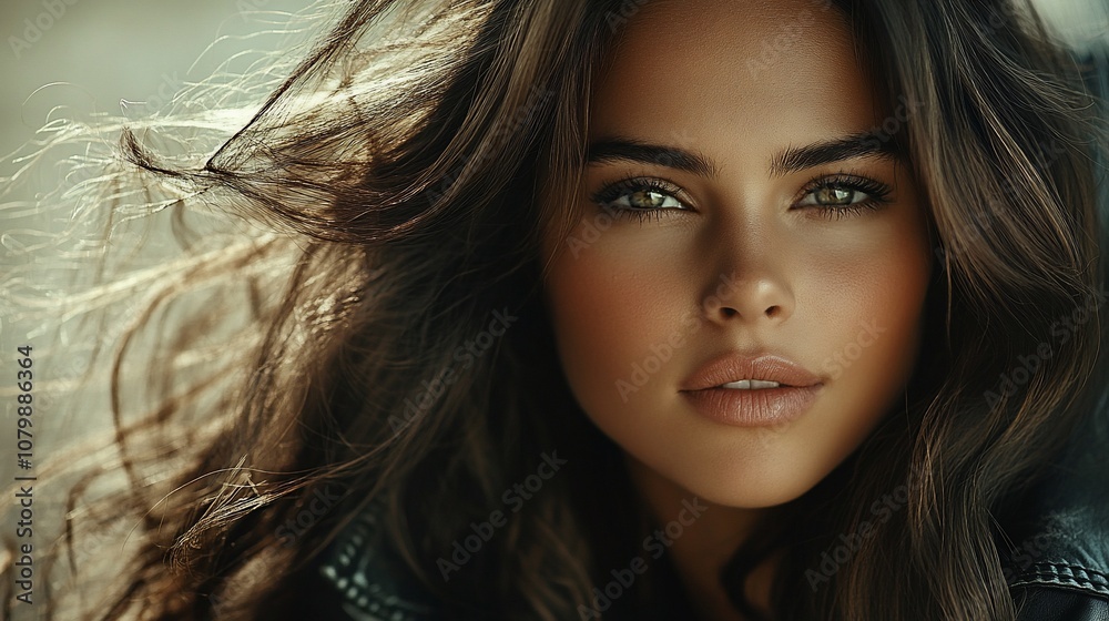 Close-up portrait of a beautiful young woman with long brown hair and green eyes. Close-up portrait of a beautiful young woman with long brown hair and green eyes.