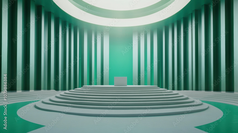 Obraz premium modern, minimalist interior featuring large, green space with tall columns and central podium. design evokes sense of tranquility and grandeur, perfect for presentations or ceremonies