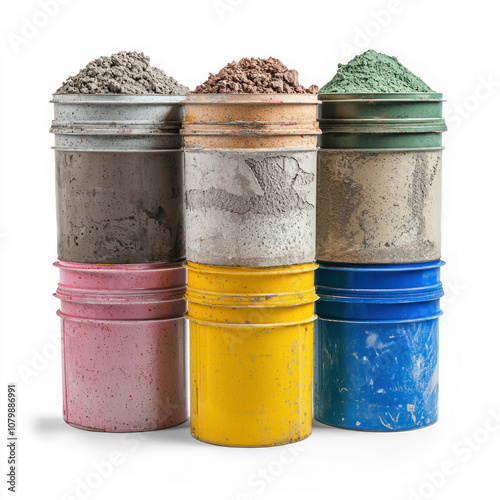 Containers of concrete admixtures with different labels. isolated on transparent background photo