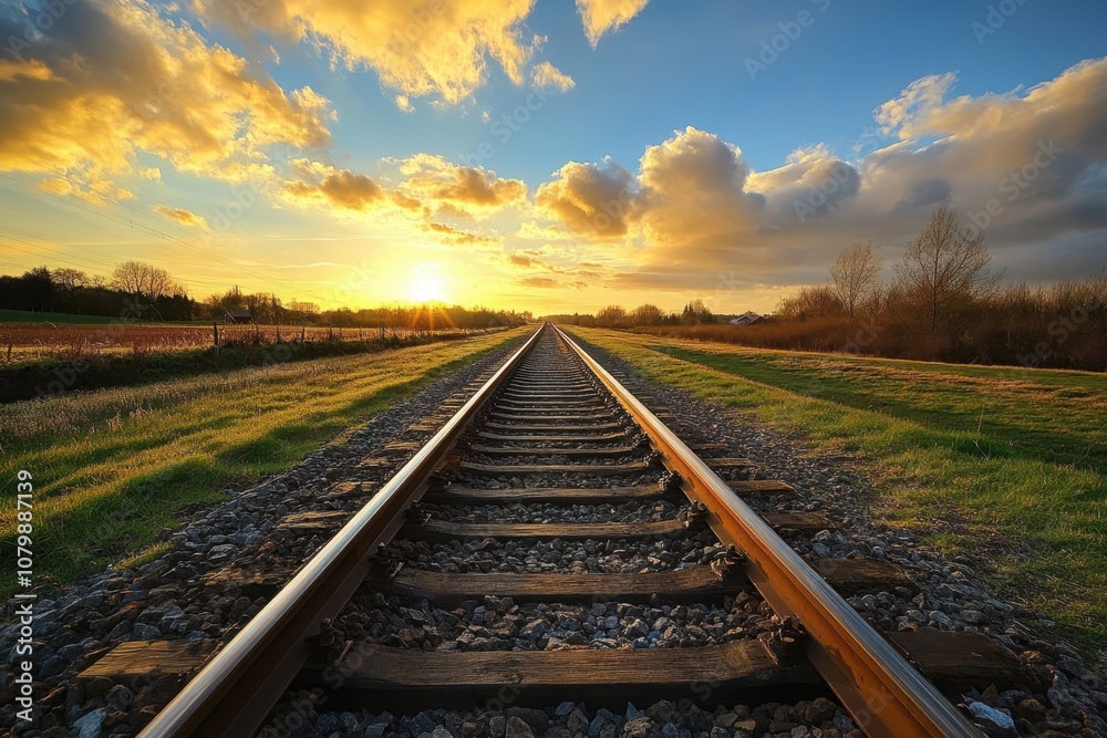 Fototapeta premium A straight railroad track leading to a bright sunset.