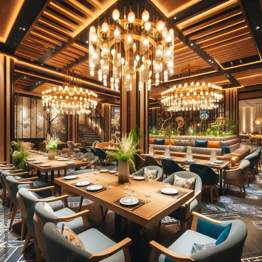 Fototapeta premium Stylish and Well-Lit Restaurant Interior at Night – Refined and Hygienic Setting