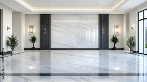 A spacious  modern lobby with polished marble floors  elegant lighting  and decorative plants  showcasing minimalist design and clean lines.