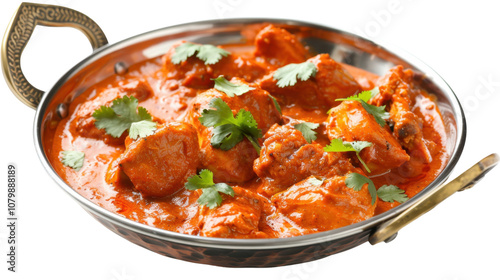 Indian butter chicken curry in balti dish on white transparent background
