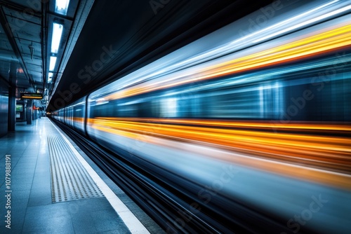 A train speeds through a subway station, creating a blur of motion.
