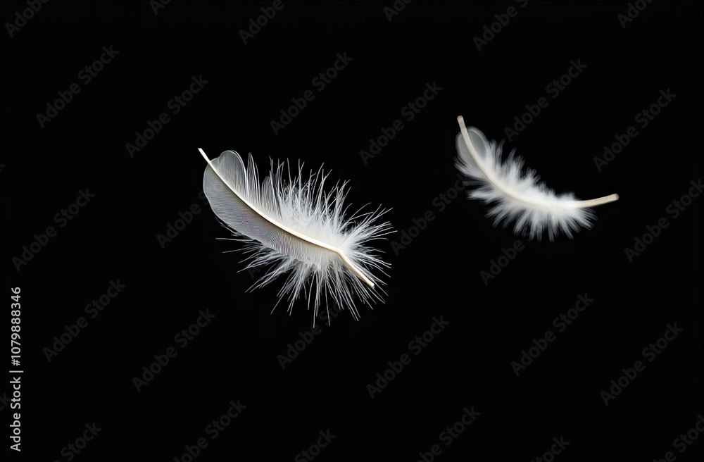 Delicate white feathers floating against a black background Delicate white feathers floating against a black background