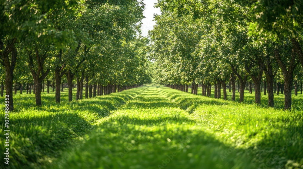 Pecan farm in the USA, organized rows with farmers harvesting nuts, green and structured. Pecan farm in the USA, organized rows with farmers harvesting nuts, green and structured.