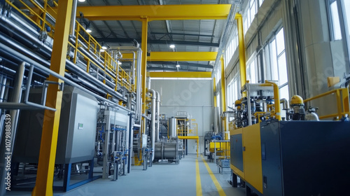 modern industrial plant interior featuring advanced machinery and equipment, showcasing bright and spacious environment with yellow accents and large windows