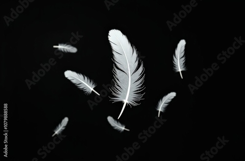 White feathers floating against a black background