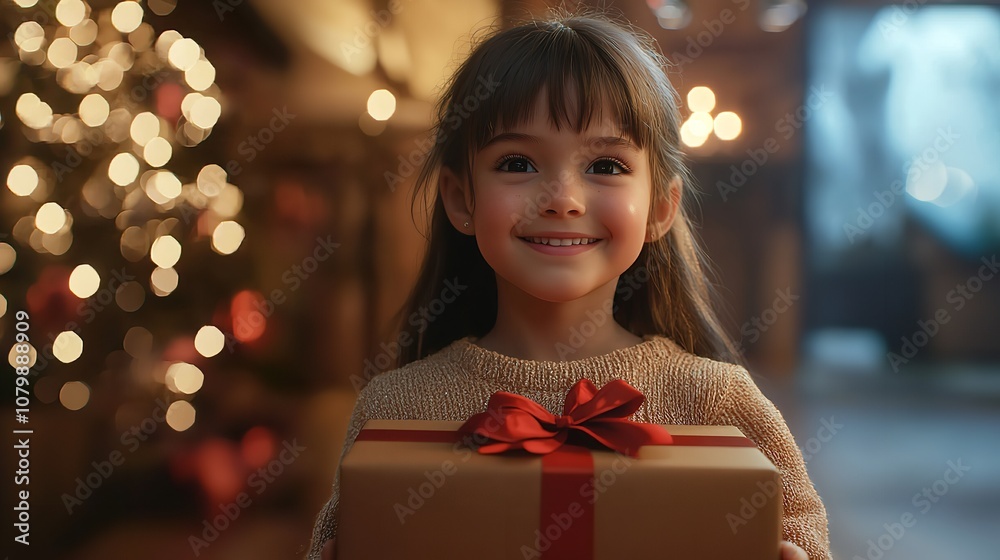 A young girl is holding a brown gift box with a red bow on it. She is smiling and she is happy. A young girl is holding a brown gift box with a red bow on it. She is smiling and she is happy.