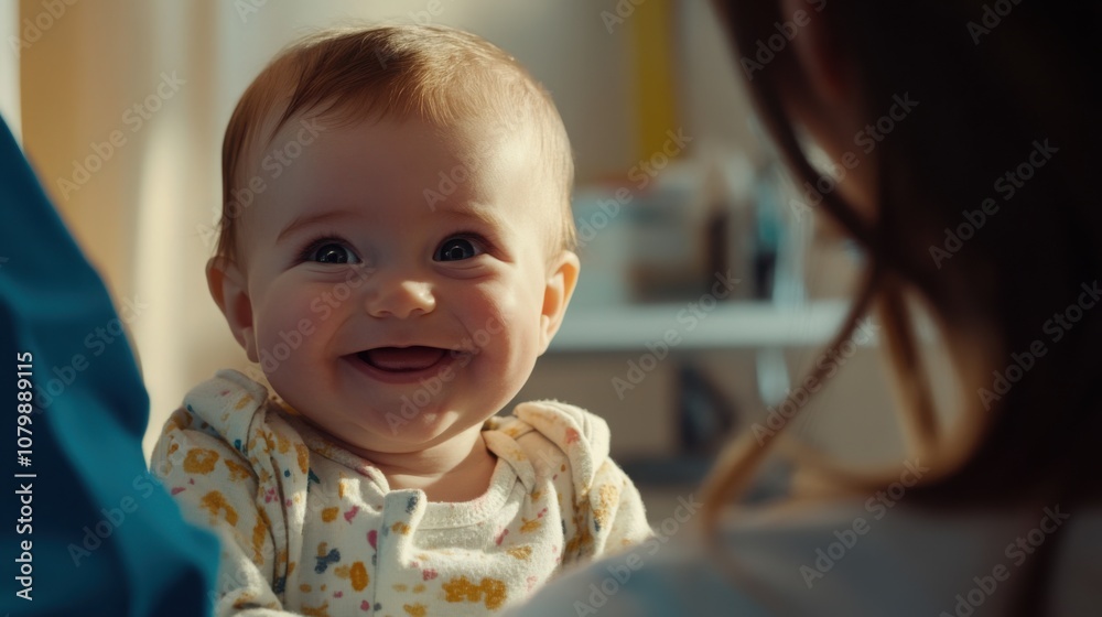 Smiling baby looking at the doctor during the vaccination process.