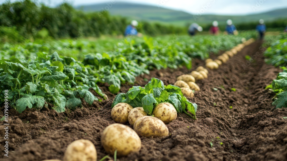 Potato farming in Ireland, organized rows with workers picking fresh potatoes, green and vibrant setup. Potato farming in Ireland, organized rows with workers picking fresh potatoes, green and vibrant setup.