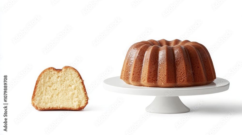 19.A simple yet sophisticated image of a Bundt cake and a neatly sliced portion displayed on a classic white cake platter. The cake's golden crust is perfectly browned, and the interior shows a soft, 19.A simple yet sophisticated image of a Bundt cake and a neatly sliced portion displayed on a classic white cake platter. The cake's golden crust is perfectly browned, and the interior shows a soft,