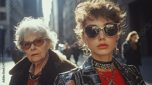 an model wearing a fashion outfit runway, walking on a New York street. Next to her is another older lady dressed normally.  photo