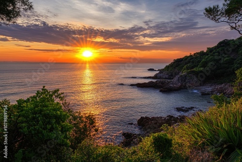 A vibrant sunset over the ocean, casting a warm glow on the rocky coastline.