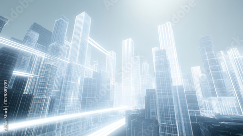 Futuristic cityscape with glowing skyscrapers and digital lines creating sense of depth and movement. ethereal atmosphere evokes feeling of innovation and technology