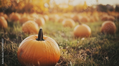 Pumpkin patch in the USA, organized field with ripe pumpkins ready for harvest, autumn setup.