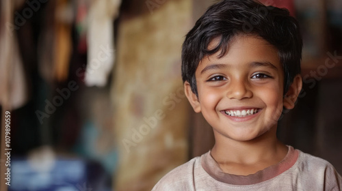 Smiling young boy with dark hair, wearing casual shirt, exuding joy and happiness in warm, inviting environment. His cheerful expression brightens scene