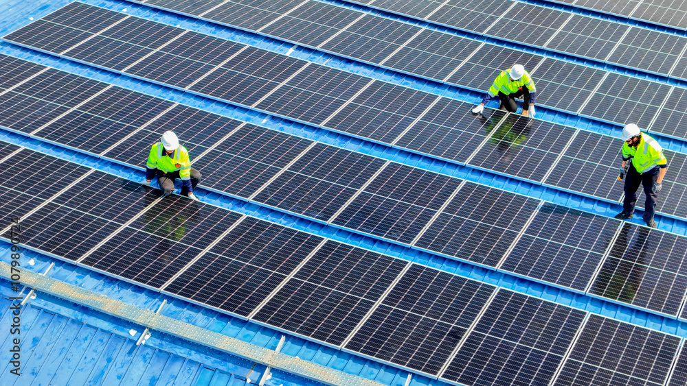 engineer man inspects construction of solar cell panel or photovoltaic cell by electronic device. Industrial Renewable energy of green power. factory worker working on tower roof. engineer man inspects construction of solar cell panel or photovoltaic cell by electronic device. Industrial Renewable energy of green power. factory worker working on tower roof.