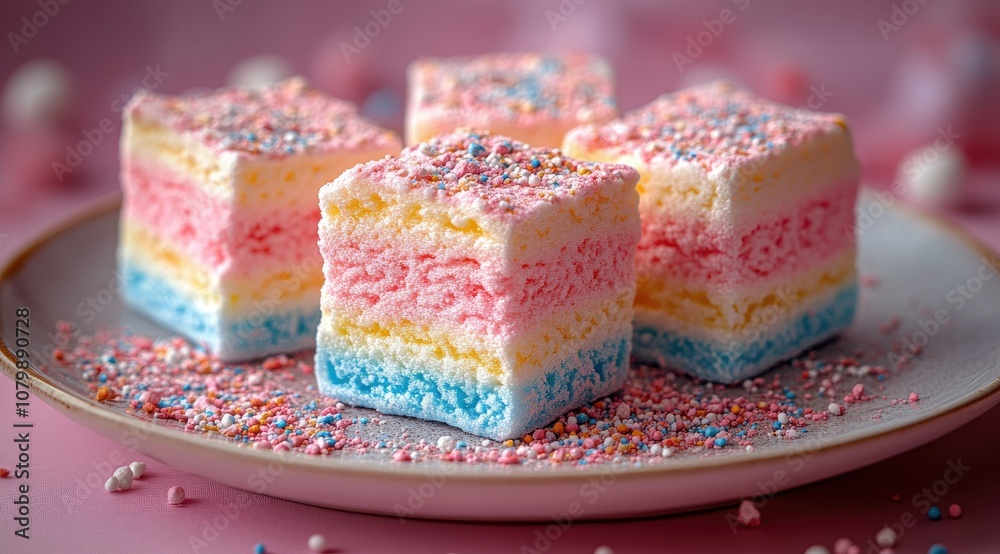 Four square layered rainbow marshmallow treats sprinkled with colorful sprinkles on a grey plate. Four square layered rainbow marshmallow treats sprinkled with colorful sprinkles on a grey plate.
