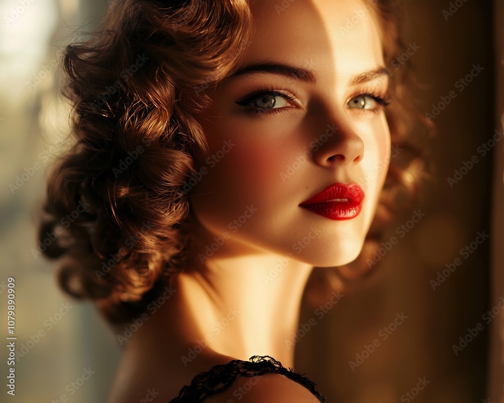Fototapeta premium Glamorous Vintage Inspired Woman Portrait in Soft Warm Lighting