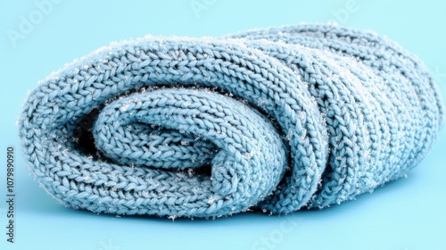 Soft and Cozy Light Blue Knitted Blanket Rolled Up on a Smooth Surface, Perfect for Warmth and Comfort During Chilly Days and Relaxation Moments