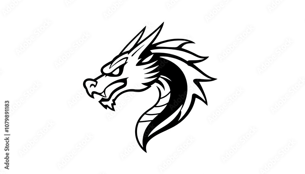 Obraz premium dragon head in profile view, rendered in a simple black and white design. design is minimalist. Dragons are often associated with power, strength, and mythology. striking and memorable.