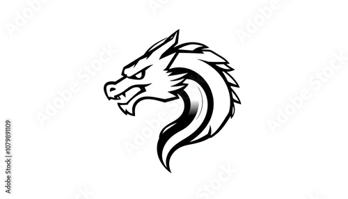 dragon head in profile view, rendered in a simple black and white design. design is minimalist. Dragons are often associated with power, strength, and mythology. striking and memorable.