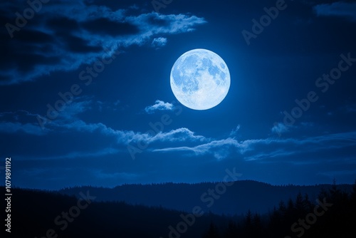 Majestic Full Moon Over Silhouetted Mountain Landscape Background