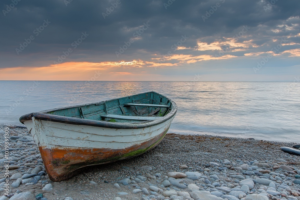 A weathered boat sits on a pebbled shore with a dramatic sunset in the background.