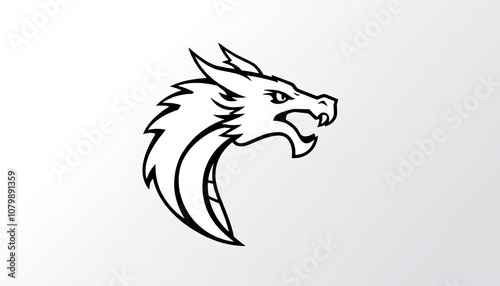 dragon head in profile view, rendered in a simple black and white design. design is minimalist. Dragons are often associated with power, strength, and mythology. striking and memorable.