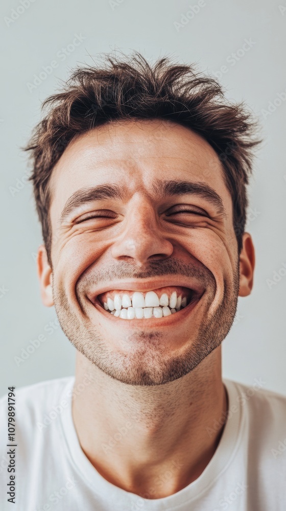 An attractive smiling man with his face distorted into the shape of a large, exaggerated smile. An attractive smiling man with his face distorted into the shape of a large, exaggerated smile.