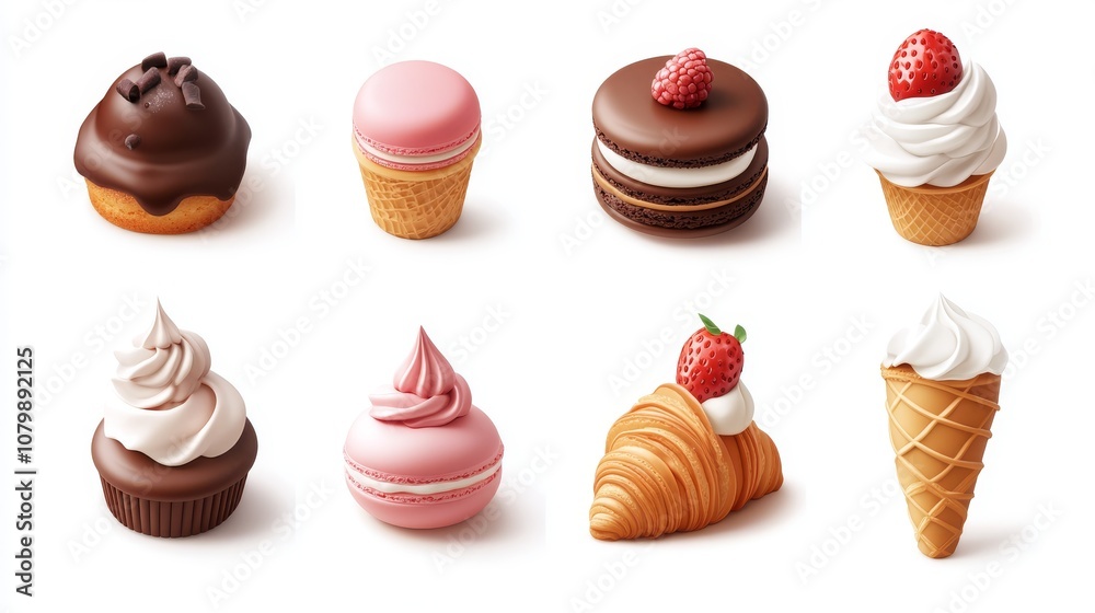 8.A delectable assortment of realistic 3D dessert icons. This set includes a luscious chocolate cake with rich frosting, a stack of glossy macarons in pastel shades, a croissant, a swirled ice cream 8.A delectable assortment of realistic 3D dessert icons. This set includes a luscious chocolate cake with rich frosting, a stack of glossy macarons in pastel shades, a croissant, a swirled ice cream