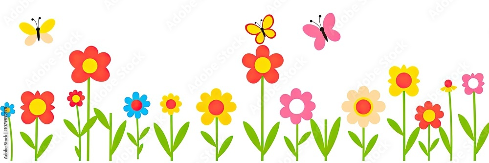 Obraz premium cheerful and vibrant illustration of a row of stylized flowers or tulips isolated on white background. a variety of colorful flowers in full bloom. flowers are supported by long,
