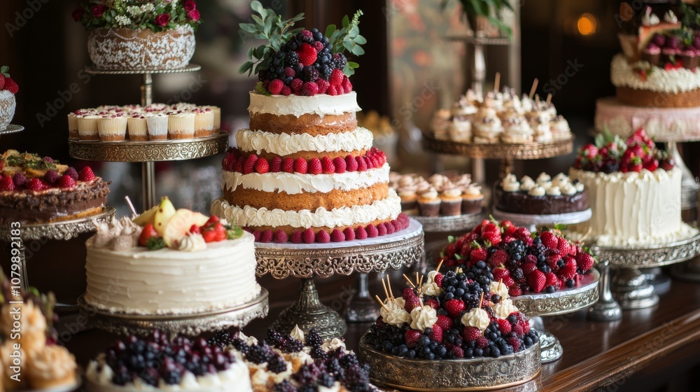 50.A decadent dessert table featuring multiple cakes and pastries, each one beautifully presented with rich frostings, fresh fruit toppings, and intricate decorative elements, creating a feast for 50.A decadent dessert table featuring multiple cakes and pastries, each one beautifully presented with rich frostings, fresh fruit toppings, and intricate decorative elements, creating a feast for