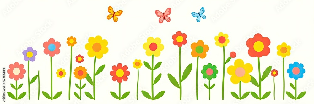 Obraz premium cheerful and vibrant illustration of a row of stylized flowers or tulips isolated on white background. a variety of colorful flowers in full bloom. flowers are supported by long,
