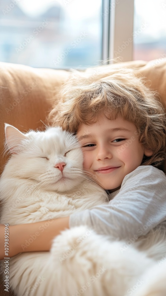 A young child joyfully cuddles a fluffy white cat on a cozy couch by the window during a sunny afternoon A young child joyfully cuddles a fluffy white cat on a cozy couch by the window during a sunny afternoon