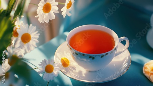 Delicious chamomile tea with honey, surrounded by delicate flowers, perfect for relaxation and soothing moments.