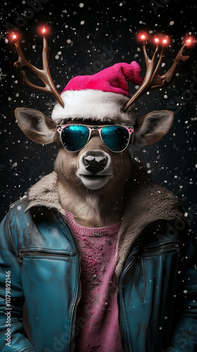Punk Rock Santa Reindeer in Leather Jacket.