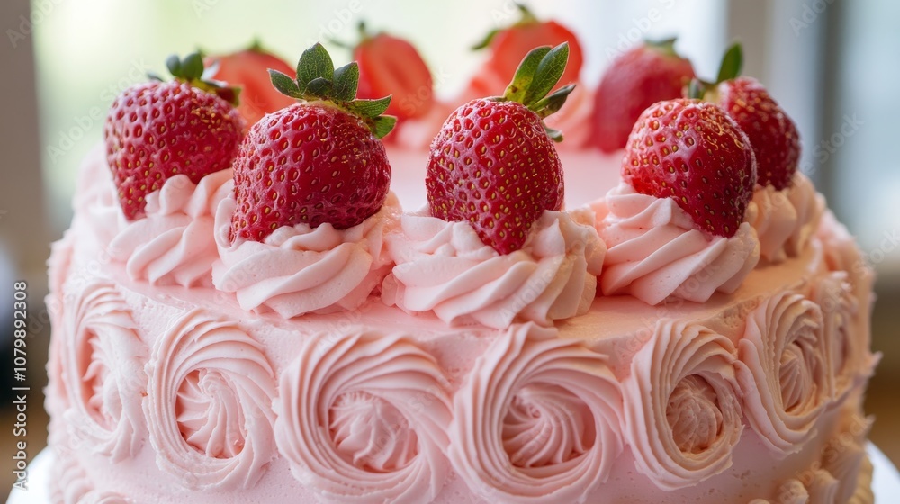 51.A cute pink strawberry cake with soft, fluffy layers of sponge, covered in light pink whipped cream frosting. The top is adorned with whole strawberries, each glistening with a touch of glaze. 51.A cute pink strawberry cake with soft, fluffy layers of sponge, covered in light pink whipped cream frosting. The top is adorned with whole strawberries, each glistening with a touch of glaze.