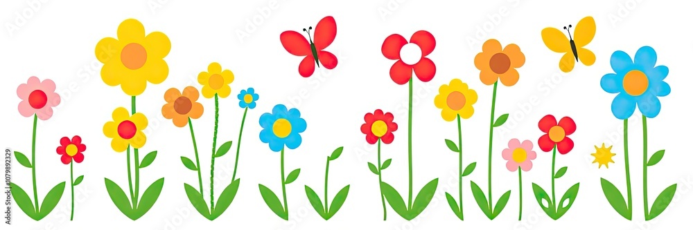 Obraz premium cheerful and vibrant illustration of a row of stylized flowers or tulips isolated on white background. a variety of colorful flowers in full bloom. flowers are supported by long,