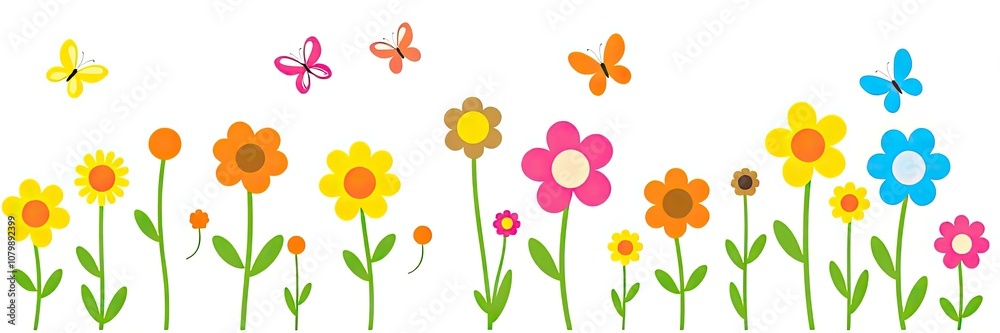 cheerful and vibrant illustration of a row of stylized flowers or tulips isolated on white background. a variety of colorful flowers in full bloom. flowers are supported by long, cheerful and vibrant illustration of a row of stylized flowers or tulips isolated on white background. a variety of colorful flowers in full bloom. flowers are supported by long,